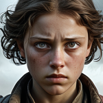 **A complex character portrait:** Show a protagonist with both heroic and vulnerable traits. The character is brave in action, but with a subtle hint of fear or doubt in their eyes. The background subtly hints at a difficult past, perhaps with faded, dreamlike imagery. The style should evoke a sense of emotional depth and realism.