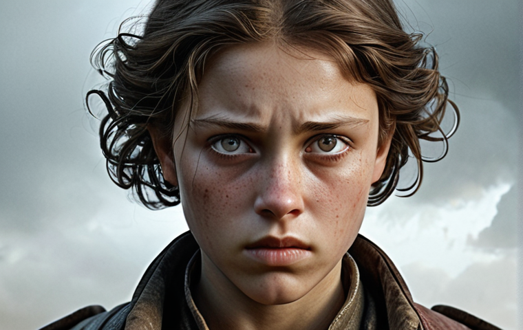 **A complex character portrait:** Show a protagonist with both heroic and vulnerable traits. The character is brave in action, but with a subtle hint of fear or doubt in their eyes. The background subtly hints at a difficult past, perhaps with faded, dreamlike imagery. The style should evoke a sense of emotional depth and realism.