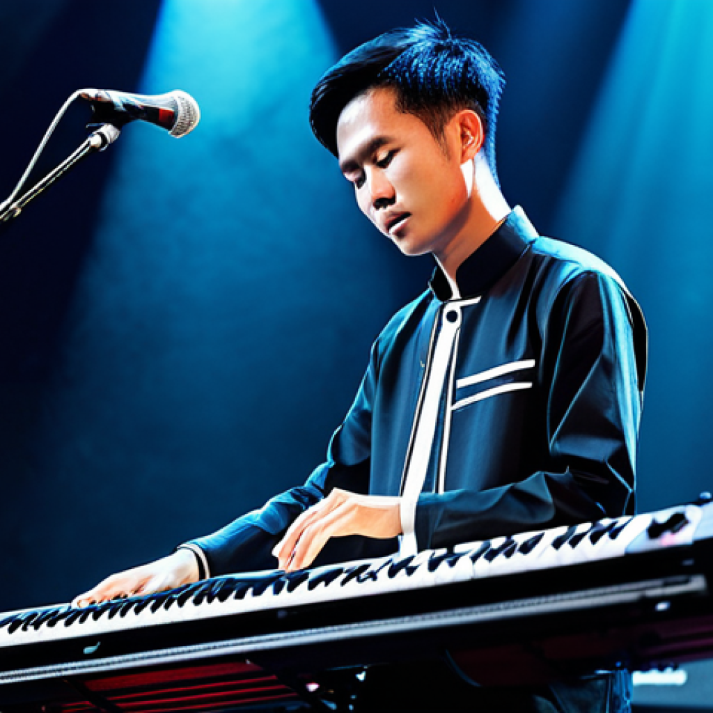 Modern Vietnamese Musician**

A young Vietnamese musician performing on stage, blending traditional Vietnamese instruments (đàn bầu, đàn tranh) with electronic music equipment, fully clothed in modern, stylish áo dài inspired clothing, dynamic lighting, concert setting, safe for work, appropriate content, professional, perfect anatomy, natural proportions, well-formed hands.

**