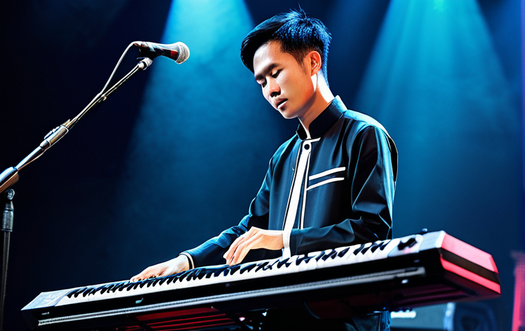 Modern Vietnamese Musician**

A young Vietnamese musician performing on stage, blending traditional Vietnamese instruments (đàn bầu, đàn tranh) with electronic music equipment, fully clothed in modern, stylish áo dài inspired clothing, dynamic lighting, concert setting, safe for work, appropriate content, professional, perfect anatomy, natural proportions, well-formed hands.

**