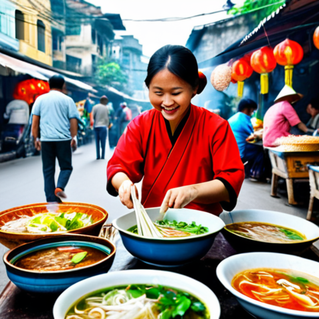 ** A vibrant street food market scene in Hanoi, Vietnam. Focus on a friendly food vendor, fully clothed in traditional Vietnamese attire, preparing Pho. The background should be filled with colorful stalls and bustling crowds. "Safe for work," "appropriate content," "fully clothed," "professional photography," "perfect anatomy," "natural proportions," "family-friendly."

**