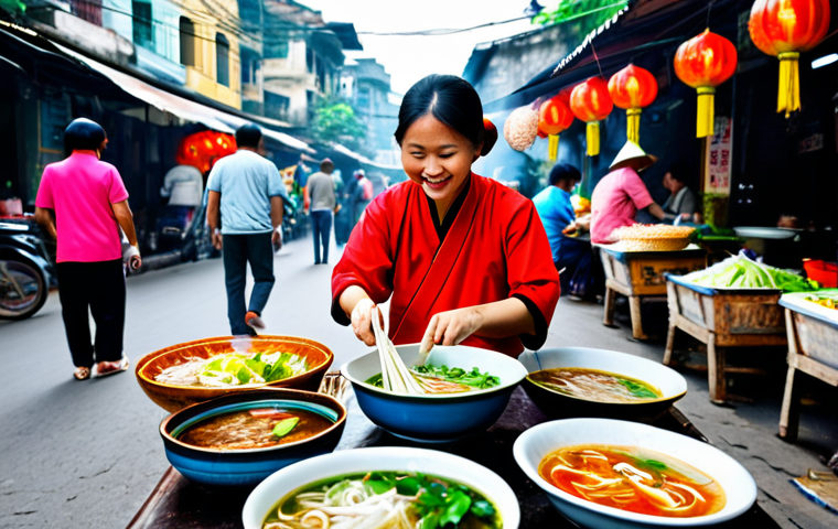 ** A vibrant street food market scene in Hanoi, Vietnam. Focus on a friendly food vendor, fully clothed in traditional Vietnamese attire, preparing Pho. The background should be filled with colorful stalls and bustling crowds. "Safe for work," "appropriate content," "fully clothed," "professional photography," "perfect anatomy," "natural proportions," "family-friendly."

**