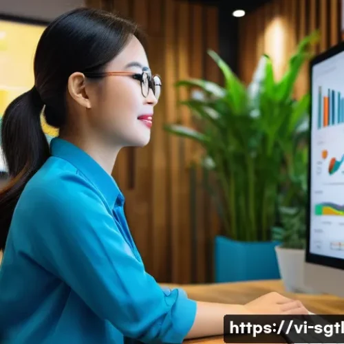 Home 13 디지털 스토리 구성 시 유의해야 할 점 - A vibrant digital marketing workspace in Vietnam, showing a young Vietnamese professional woman in s...