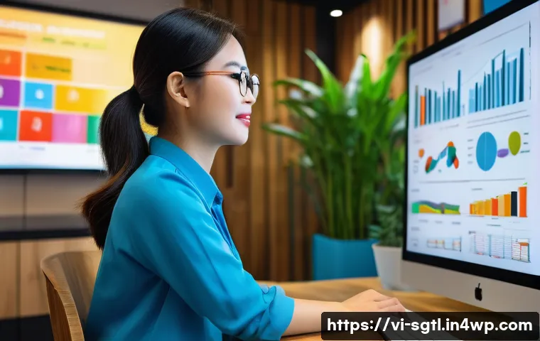 디지털 스토리 구성 시 유의해야 할 점 - A vibrant digital marketing workspace in Vietnam, showing a young Vietnamese professional woman in s...