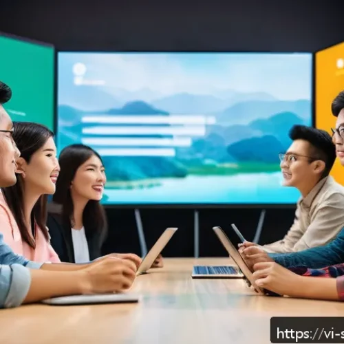 Home 30 디지털 스토리에서의 서사적 장치 활용법 - A vibrant digital marketing workshop scene featuring a diverse group of young Vietnamese adults atte...