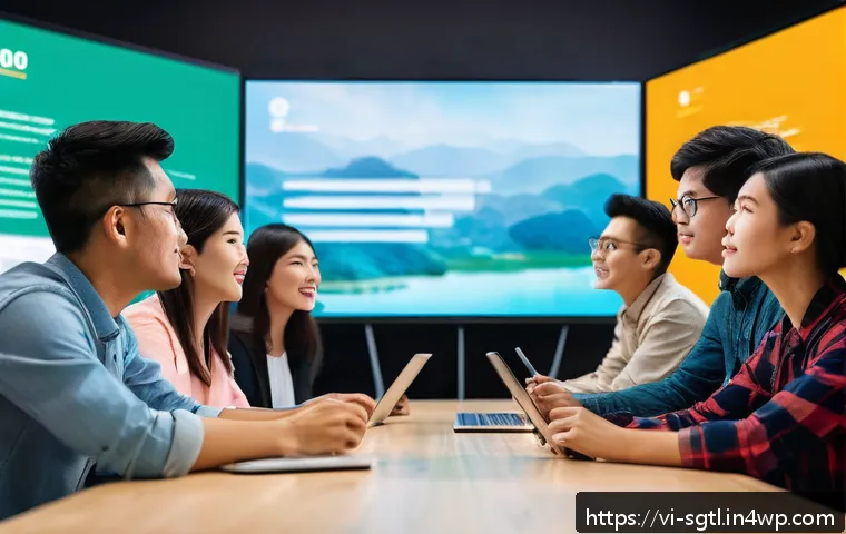 디지털 스토리에서의 서사적 장치 활용법 - A vibrant digital marketing workshop scene featuring a diverse group of young Vietnamese adults atte...