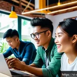 Home 17 디지털 스토리에서의 창의적 요소 강조하기 - A modern digital marketing team of young Vietnamese professionals collaborating in a bright, stylish...