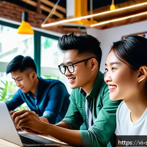 Home 29 디지털 스토리에서의 창의적 요소 강조하기 - A modern digital marketing team of young Vietnamese professionals collaborating in a bright, stylish...