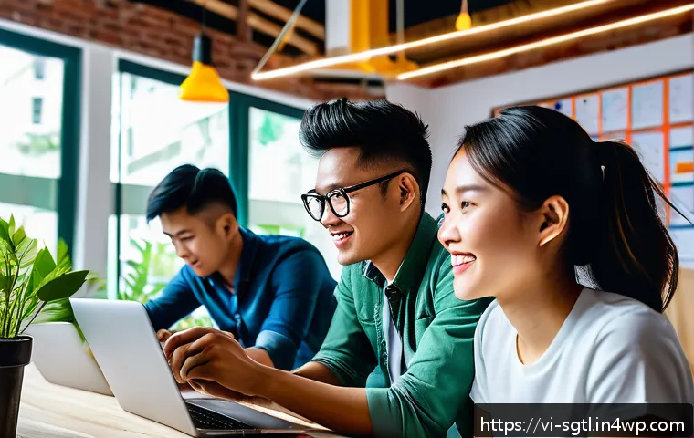 디지털 스토리에서의 창의적 요소 강조하기 - A modern digital marketing team of young Vietnamese professionals collaborating in a bright, stylish...