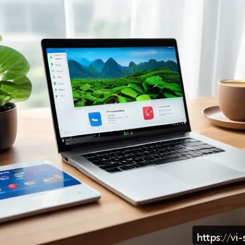 Home 16 디지털 스토리에서 비주얼과 텍스트의 균형 - A modern Vietnamese digital storytelling workspace featuring a sleek laptop displaying a vibrant inf...
