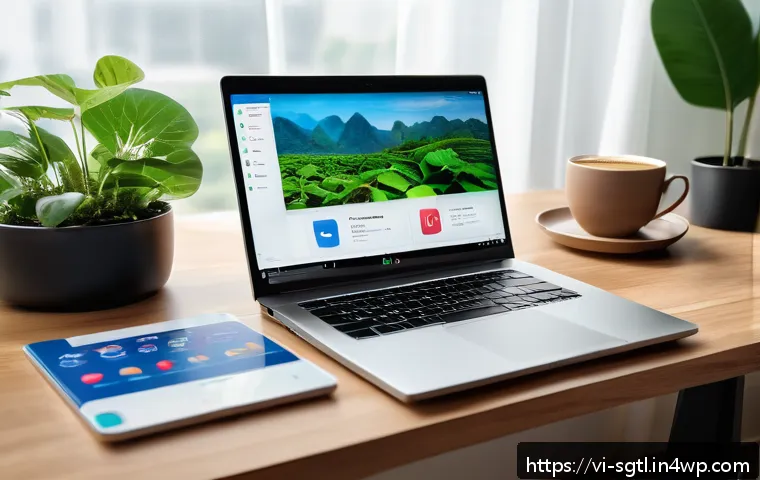 디지털 스토리에서 비주얼과 텍스트의 균형 - A modern Vietnamese digital storytelling workspace featuring a sleek laptop displaying a vibrant inf...